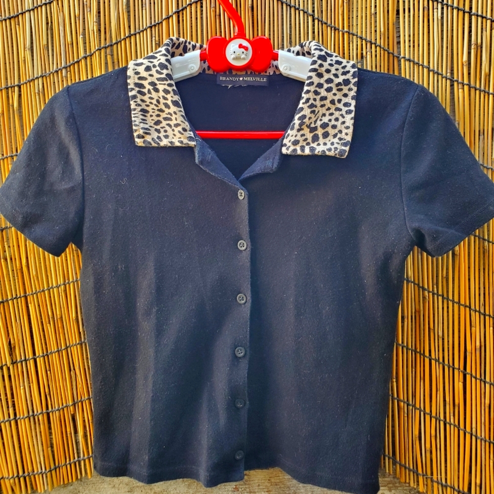 Brandy Melville Black Cheetah Print Collar Caroline Top